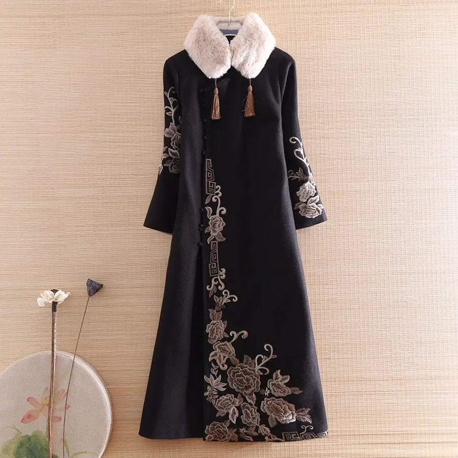 2024 chinese style improved qipao woolen dress autumn winter new improved women cheongsam dress daily floral hanfu dress - Seprincess