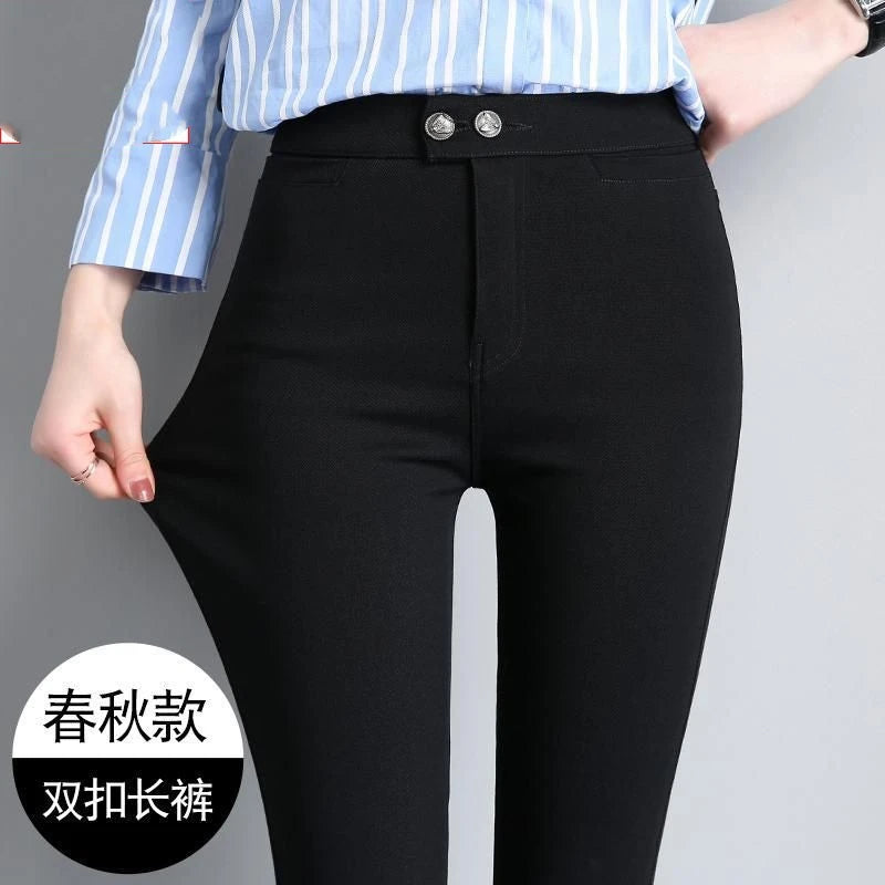 Korean Casual Autumn Winter New Women Solid Pockets Button Elastic High Waist Fashion Casual Slim Straight Leggings Pencil Pants