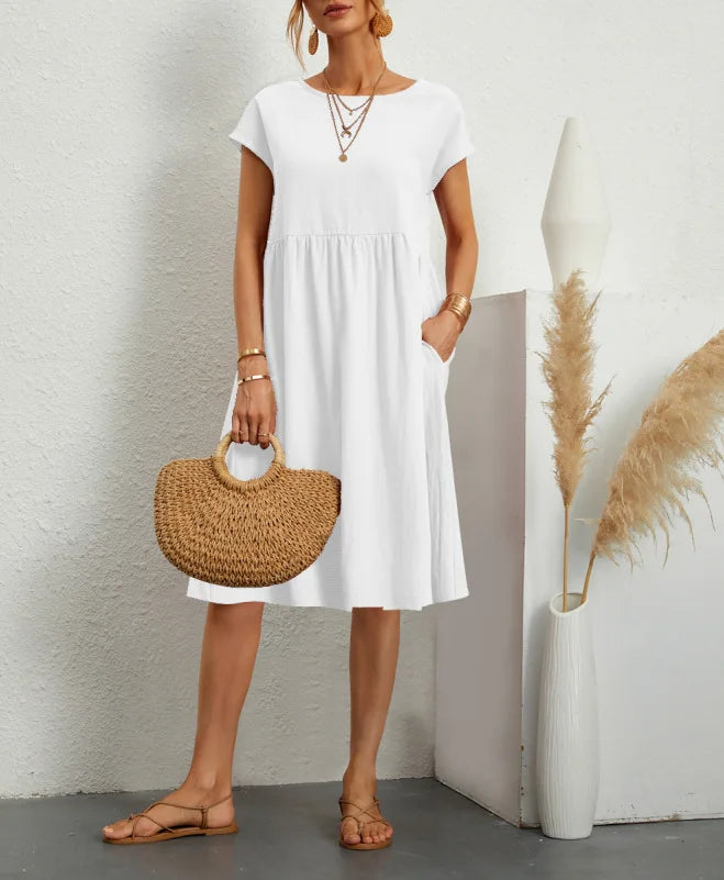 Cotton Linen Dress For Women Summer Casual Splicing Pocket Dresses Vestido Fashion Female Clothing Short Sleeve Loose Midi Dress - Seprincess