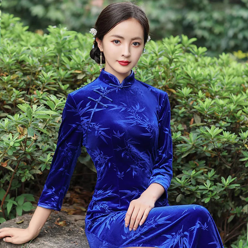 Plus Size Velvet Long Qipao Autumn Winter Female Chinese Dress Traditional Vintgae Mandarin Collar Cheongsam Sexy Slim Vestidos - Seprincess