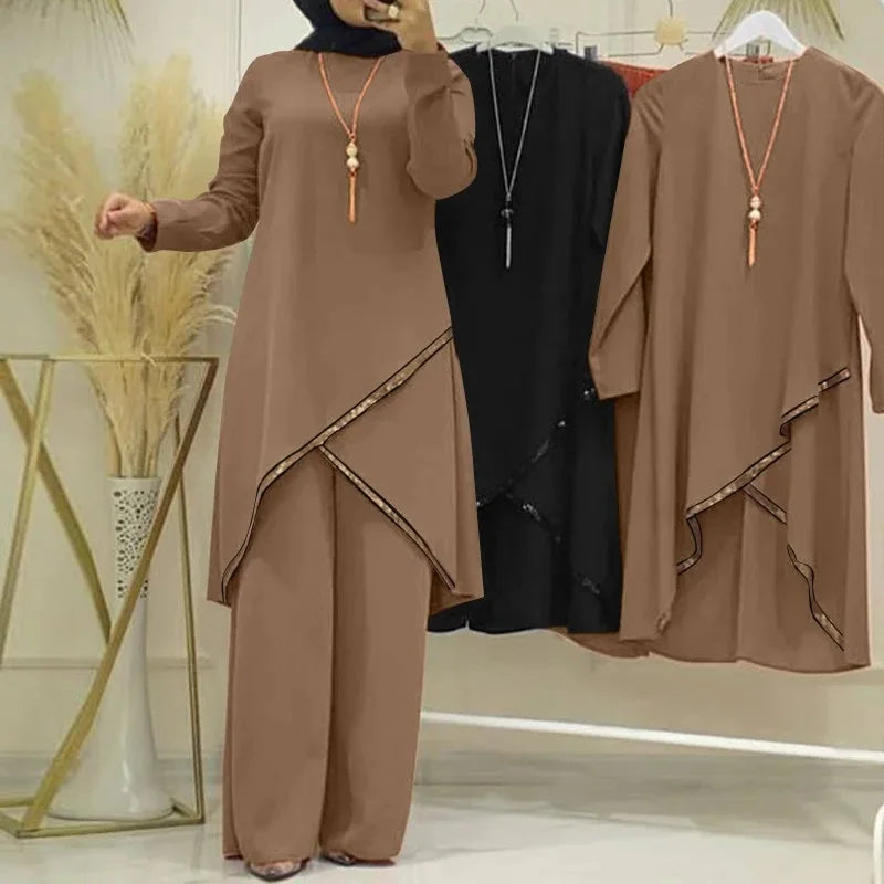 Women Eid Musulman Ensemble Muslim Sets Solid Blouses Wide Leg Pants Ramadan Morocco Two Pieces Dubai Kaftan Loose Modest - Seprincess