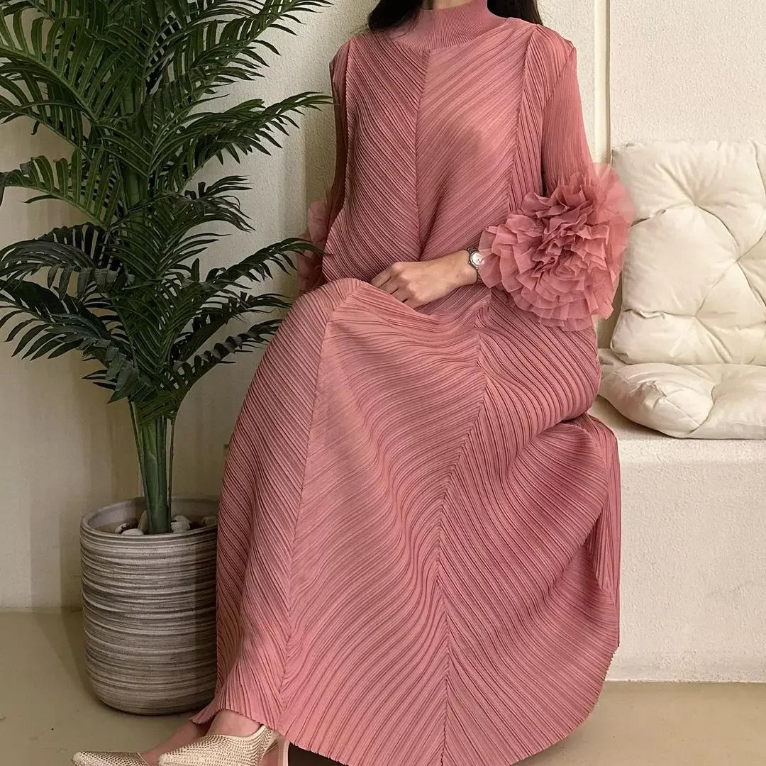 ANLAN Miyake Pleated Maxi Long Dress Mesh Petal Sleeve Half Turtleneck Formal Dresses for Women 2024 New Hot Sales 6KK9927 - Seprincess