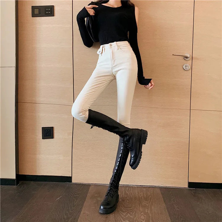 Jeans Women Spring 2023 Fashion Beige High Waist Leggings Skinny Label Pencil Pants Boots Pants