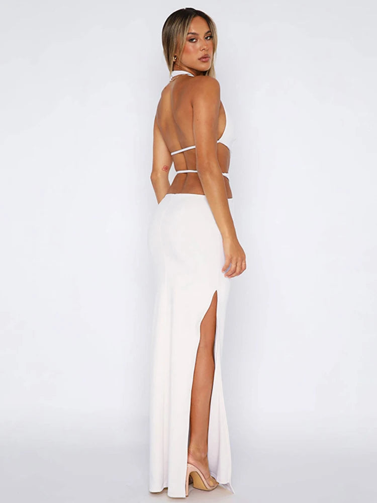 Summer Hollow Out Backless Sexy Maxi Dress For Women White Halter Deep V Neck Sleeveless Bodycon Club Party Long Dress - Seprincess