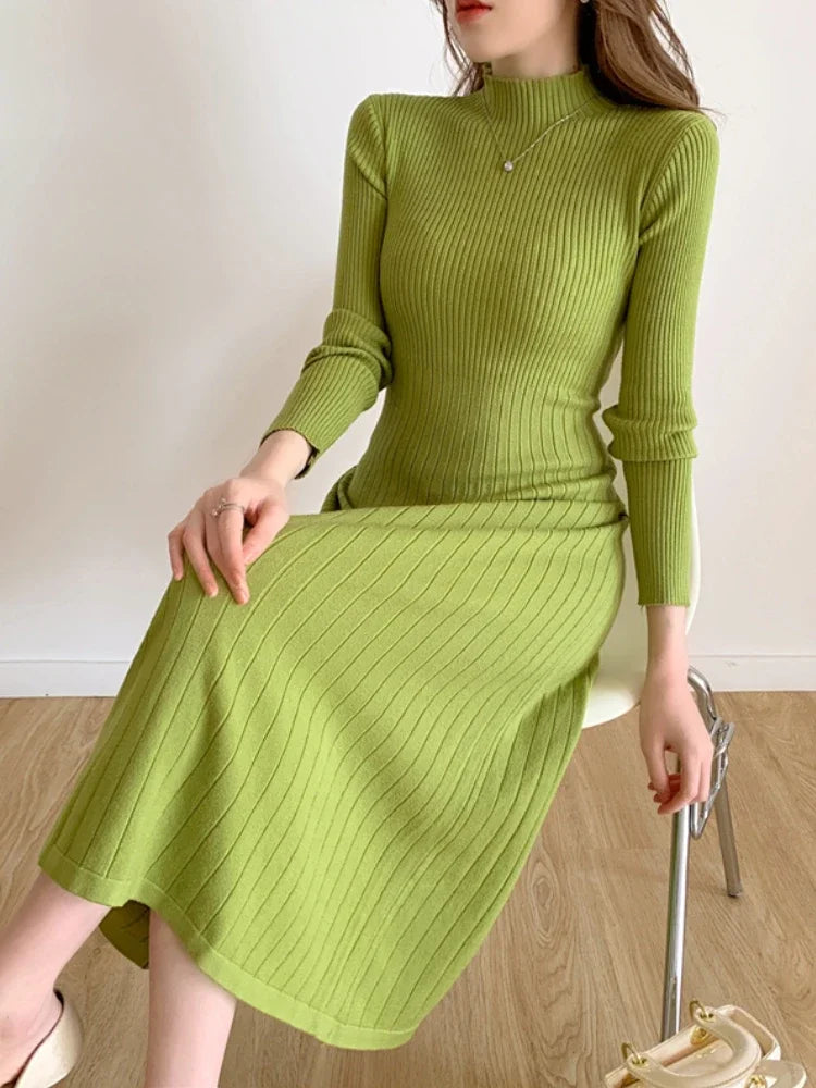 Autumn Winter 2024 Slim Long Sleeve Party Midi Dress for Women Knitted Half High Collar Elegant Knitted Sweater Dresses Ladies - Seprincess