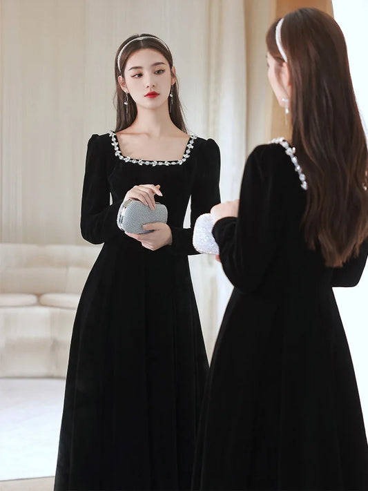 Black Evening Dresses Long Sleeve Square Collar Elegant Velvet Dress Beading Crystal Formal Gowns 2023 New Vestido - Seprincess