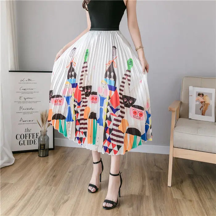 Pleated Skirt Women Summer 2022 New  Print Cartoon Pattern  Elastic Women Skirt Big Swing Party Holiday High Waist Skirts