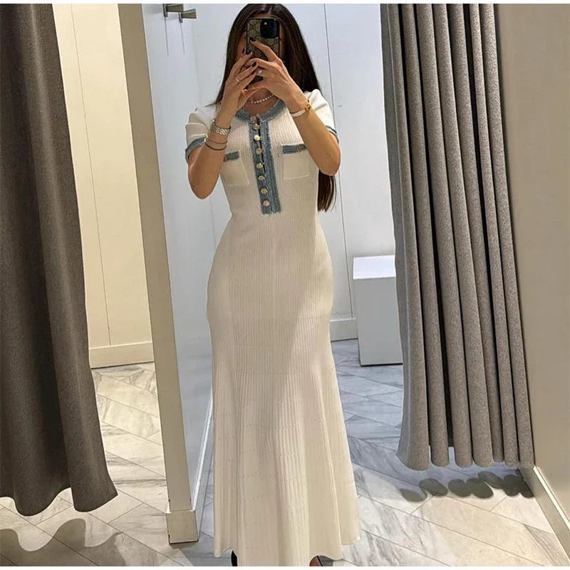 Elegant Contrasting Women Knit Maxi Dress Chic O-neck Short Sleeve Metal Buttons Bodycon Dresses 2024 Office Lady Commuting Robe - Seprincess