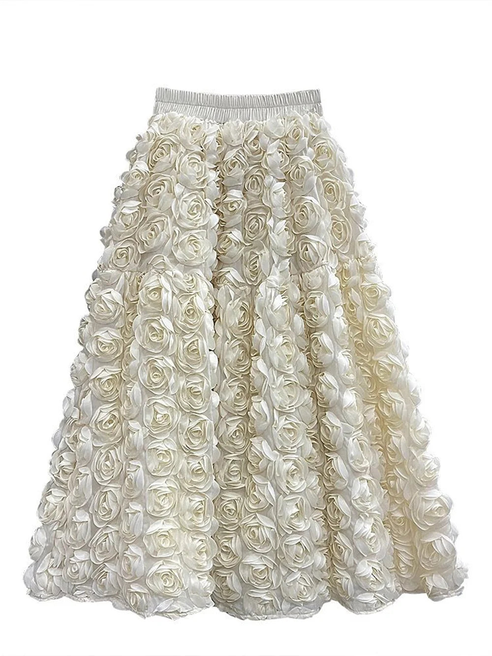 Elegant Fashion 3D Flowers Mesh White Skirt French Chic Elegant Long Skirts Women A-line Elastic High Waist Female Skirt - Seprincess