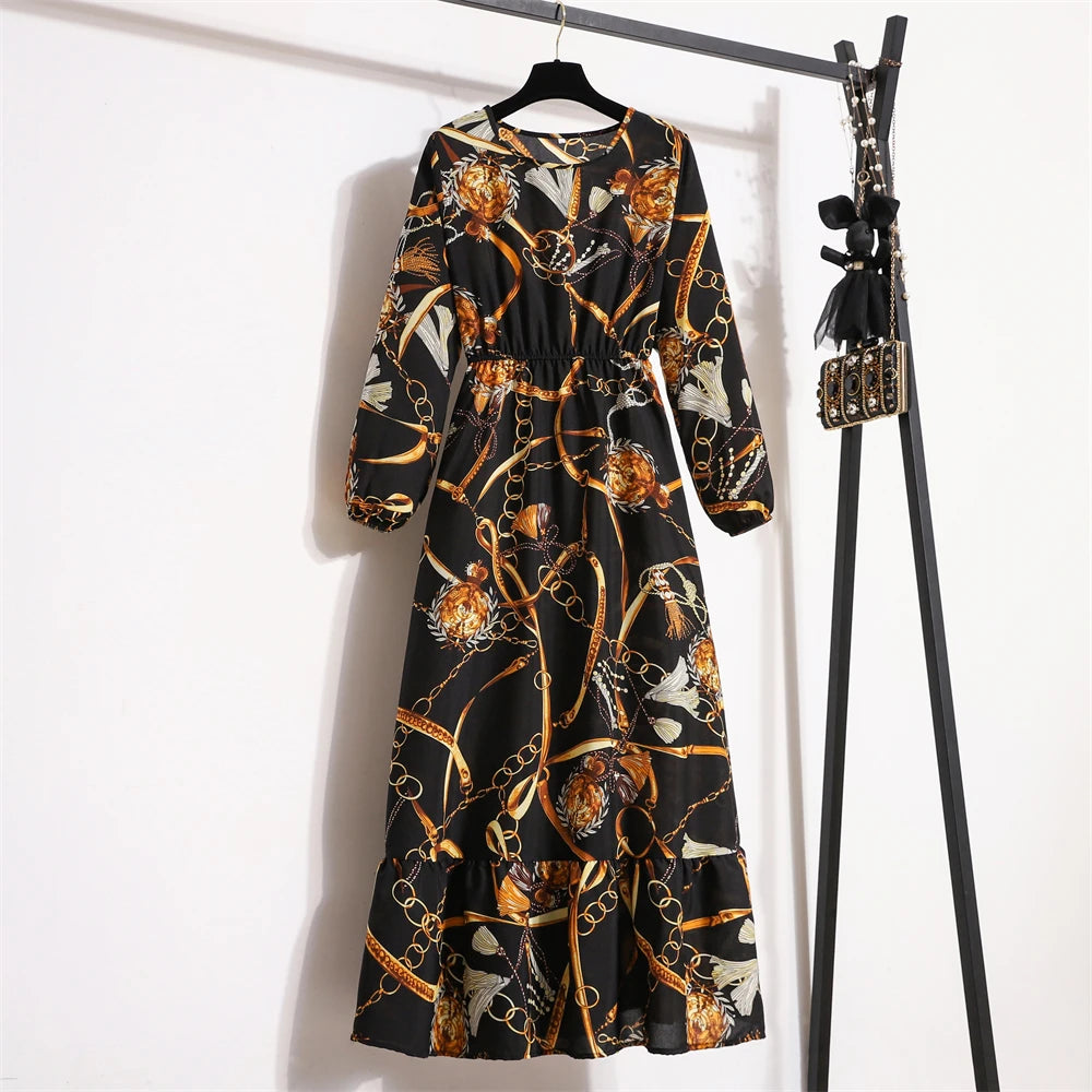 Autumn Spring Chiffon Dress Women Maxi Dresses VestidoesFashion Female Full Sleeve Vintage Printed Floral Casual Long Dresses - Seprincess