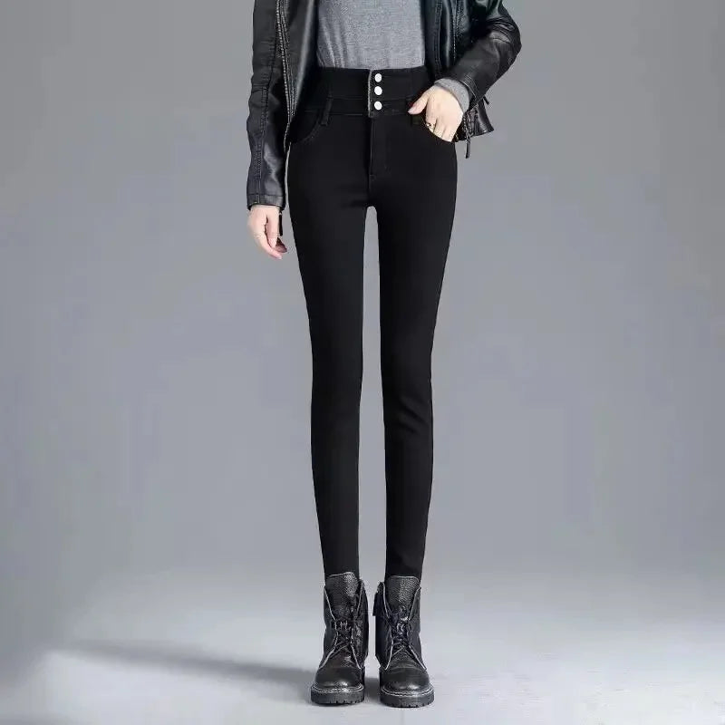 Fashionable High-Waisted Button-Up Jeans With Elastic Waistband And Pencil Legging Design Versatile Solid Color For Autumn/Winte