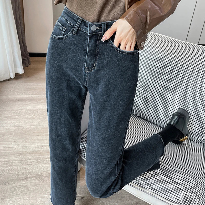 New Straight Denim Jeans Plus Velvet Autumn Winter Micro brushed Edge Elastic Pants High Waist Elastic Fleece Women's Trousers