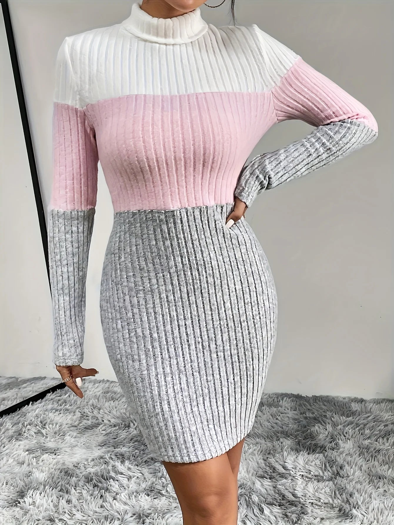 High-neck ribbed long-sleeved sweater women's dress, soft and comfortable warm breathable knitted sexy casual wear - Seprincess