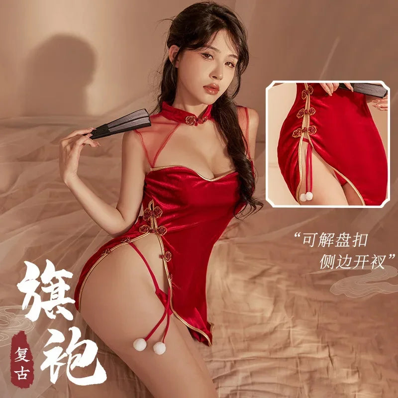 Sexy Cheongsam Vintage Lingerie Dress Women Role Play Underwear Classical Chinese Costume Velvet Qipao High Waist Dresses Strap - Seprincess