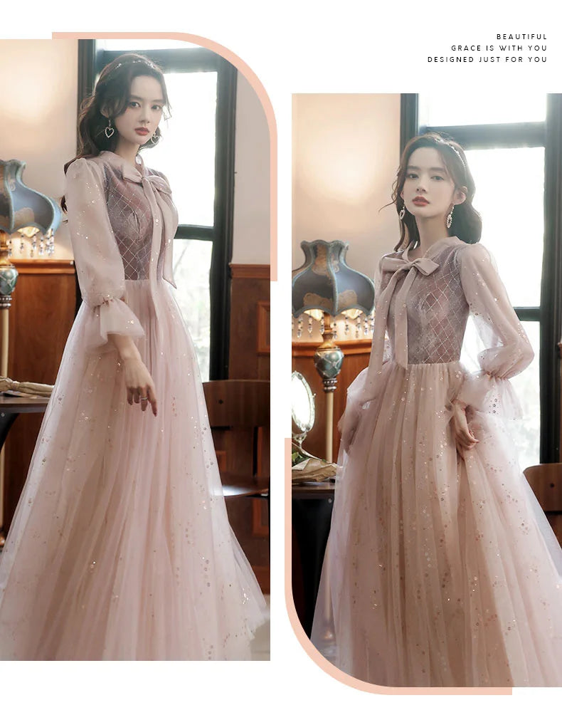 2022 New 4 Styles Bridesmaid Dress Bow Retro Elegant Long-sleeved Chic Temperament Long Evening Dress For Wedding Women Guest - Seprincess