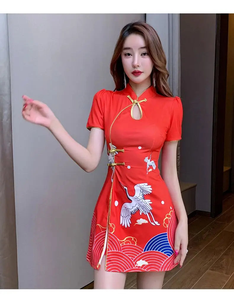 Women Chinese Style Retro Improved Temperament Printing Cheongsam Modern Dress Blue Chinese Qipao Dresses for Women - Seprincess