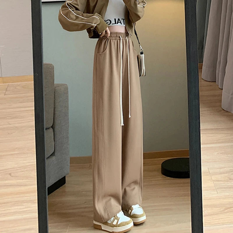 2024 Women High Waisted Leisure Loose Pants Girls Casual Straight Leg Slacks Female Baggy Light Grey Khaki Beige Black Trousers