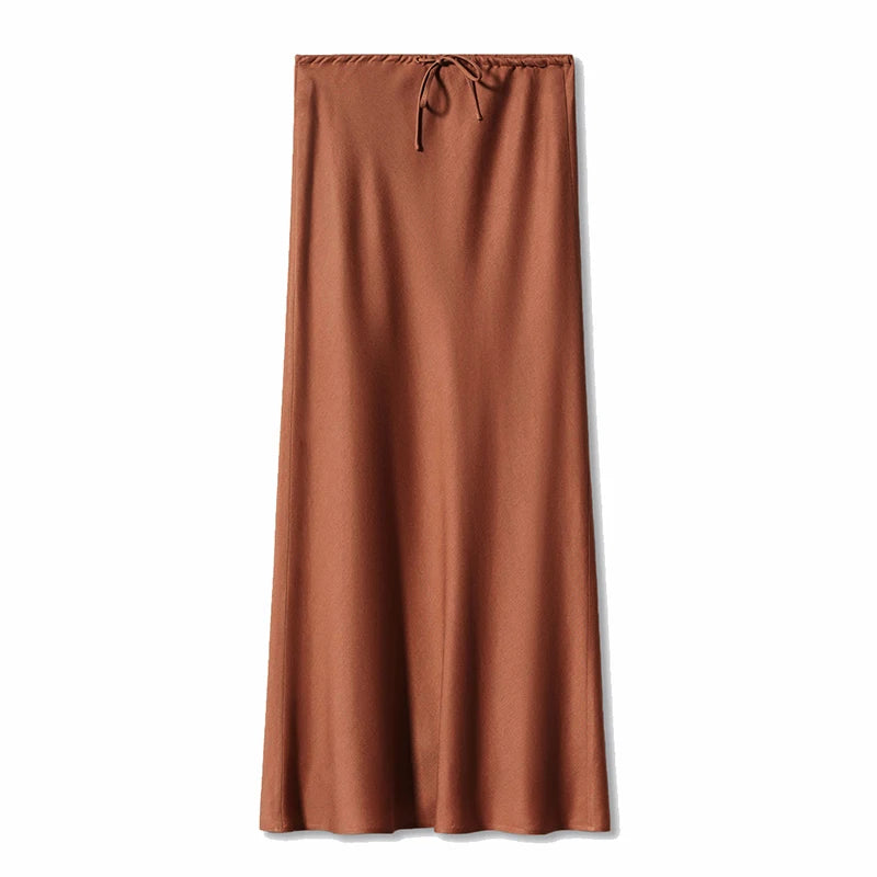 Long Black Satin Skirts For Women 2024 Autumn Winter Maxi Brown Burgundy Skirts Ladies Green Lace Up Women Satin Silk Skirt