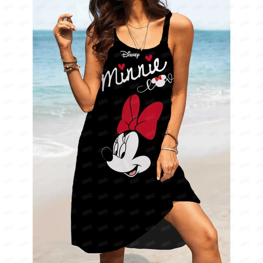 Women's Summer Casual Swinging Strap Beach Dress Disney Mickey Mouse Print Plus Size Loose Sexy Open Back Dress - Seprincess