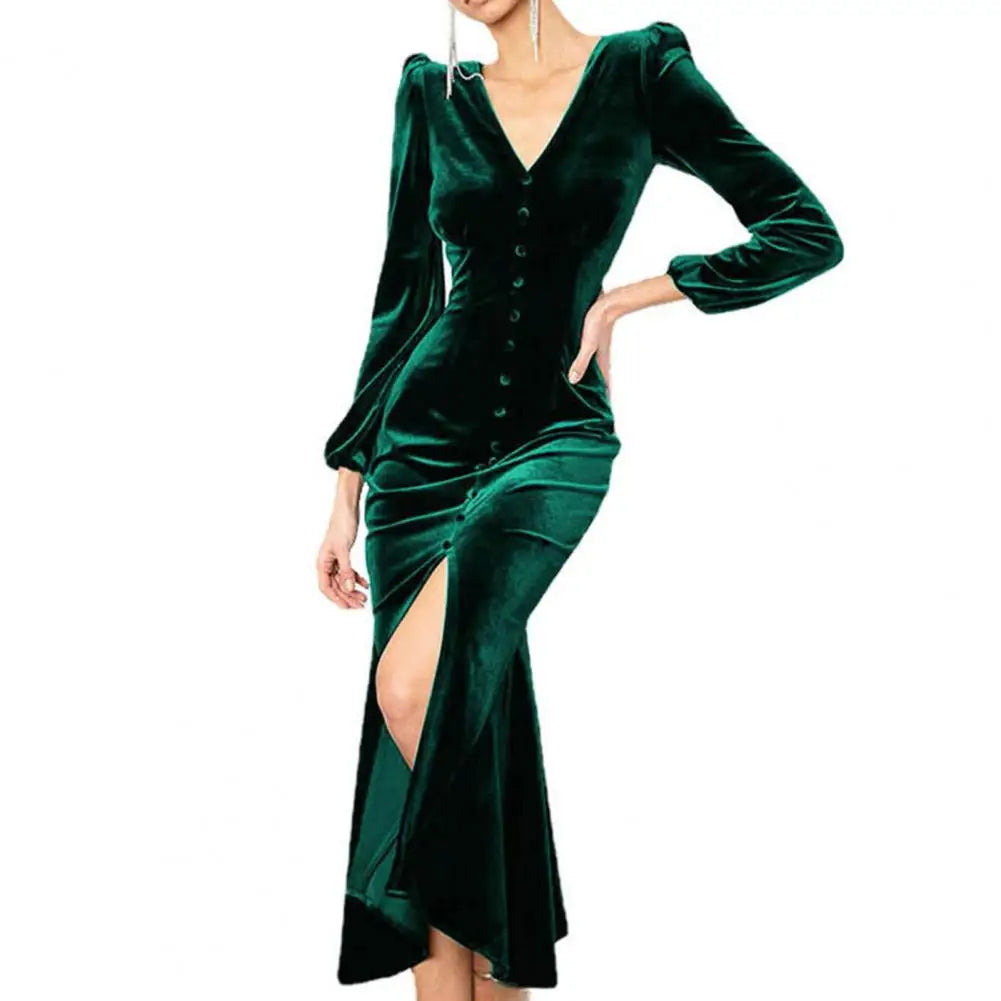 2023 Sexy Slim Velvet Party Long Dress Women Elegant Long Sleeve Korean Evening Party Dresses Front Slit Maxi Vestidos de Fiesta - Seprincess