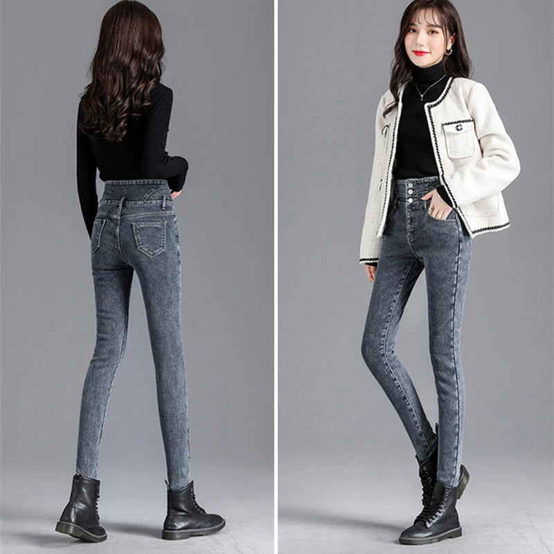 Winter Women Thick Velvet High Waist Skinny Jeans Simple Warm Fleece Slim Fit Stretch Trousers Casual Ladies Denim Pencil Pants