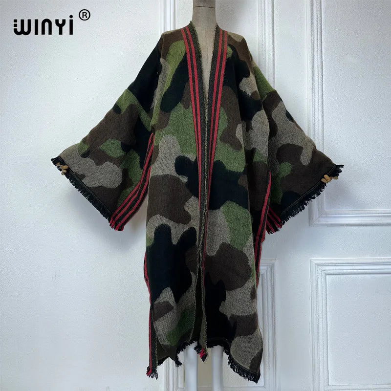 WINYI camouflage colour African women winter kimono long sleeve OverCoat abaya dubai luxury Open Front Long Cardigan party dress - Seprincess