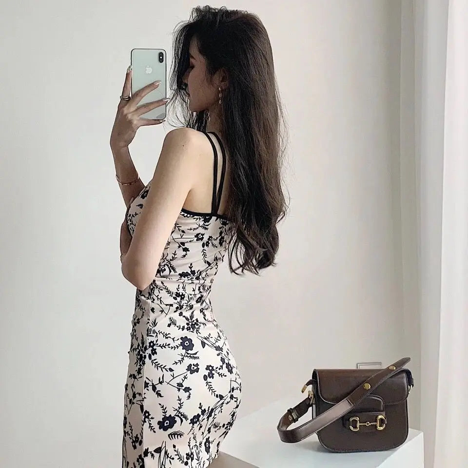 2024 summer slit slimming improved chinese style sexy fold design cheongsam floral printed halter sleeveless qipao dress w715