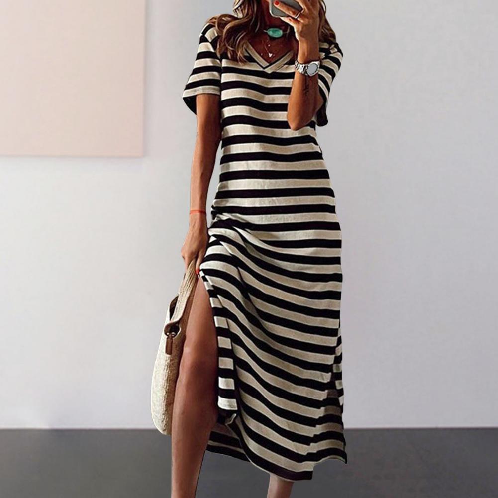 Summer Dresses 2023 Woman Plus Size Dresses For Women Casual Stripe Print V-neck Short Sleeve Loose Long Dress Robe Femme - Seprincess