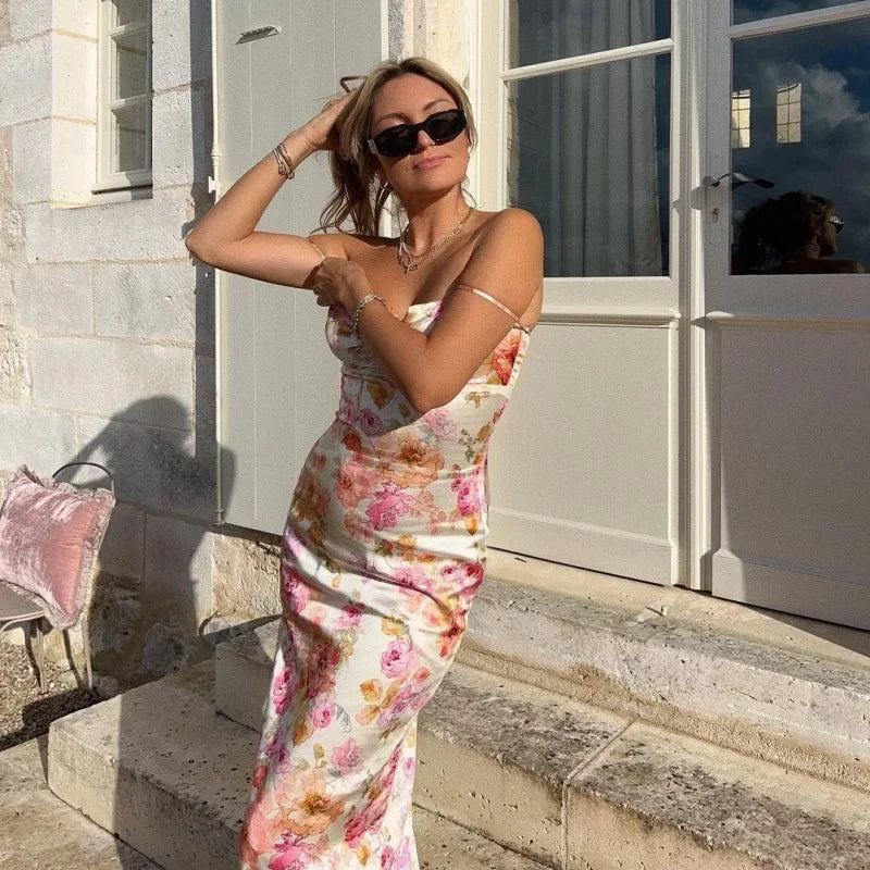 2024 Summer Party Beach Style Backless Sleeveless Spaghetti Strap New Floral Printing V-neck Slim Long Dress for Women - Seprincess