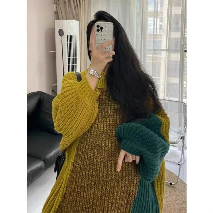 Women Clothing Chic Contrast Style Thick Knitted Dresses Winter Patchwork Vintage Korean Fashion Y2k Dresses - Seprincess