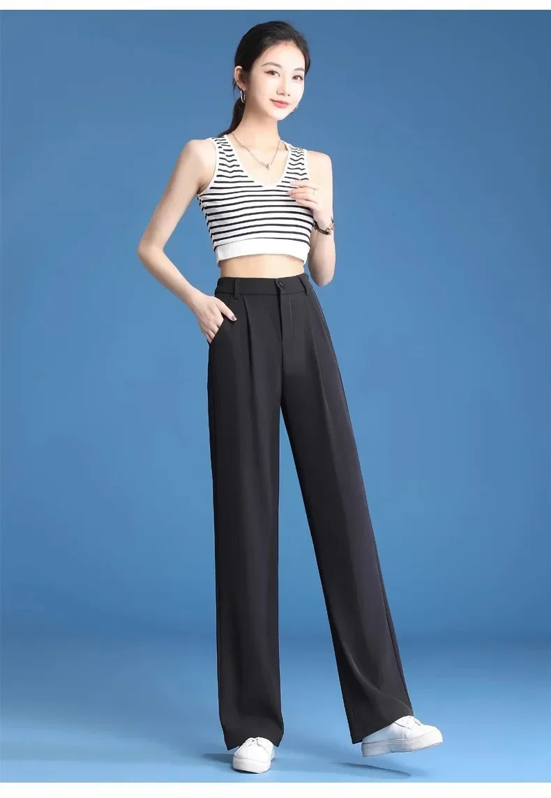 Plus Size High-waisted Thin Black Casual Trousers Women's Summer Ice Silk Bell Bottoms Straight-leg Pants For Ladies