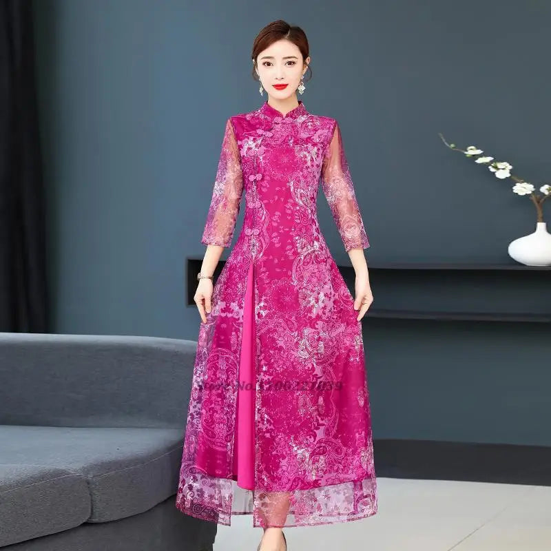 2024 chinese vintage dress improved cheongsam women traditional flower mesh qipao dress oriental banquet evening dress vestido - Seprincess