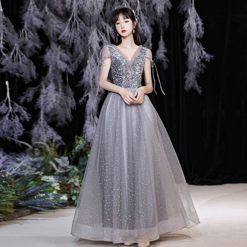 Bridesmaid Dress Temperament Lantern Sleeve Sequin Party Dress Fairy Stage Performance Dress Elegant Banquet Dress A-Long Dress - Seprincess