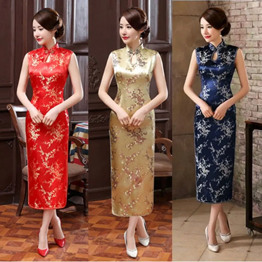 Floral Print Cheongsam Dresses Mandarin Collar Vintage Bodycon Dresses Maxi Chinese Style Chinese Qipao Evening Dress - Seprincess