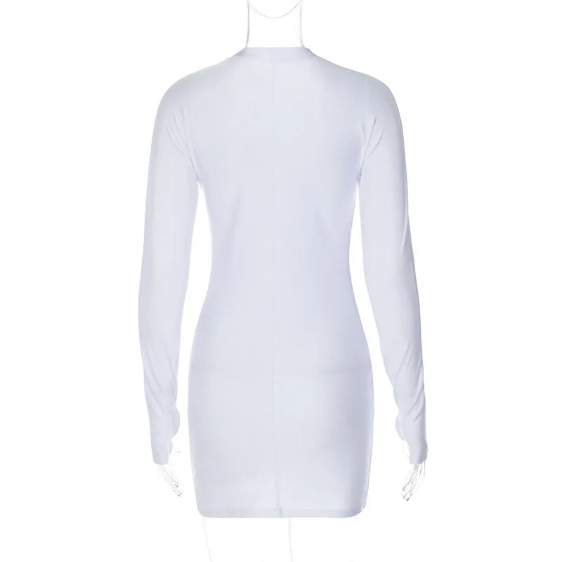 OMSJ Elegant Solid White Bodycon Mini Dress Club Party Sexy Outfits for Women Spring Long Sleeve Dresses With Glove - Seprincess