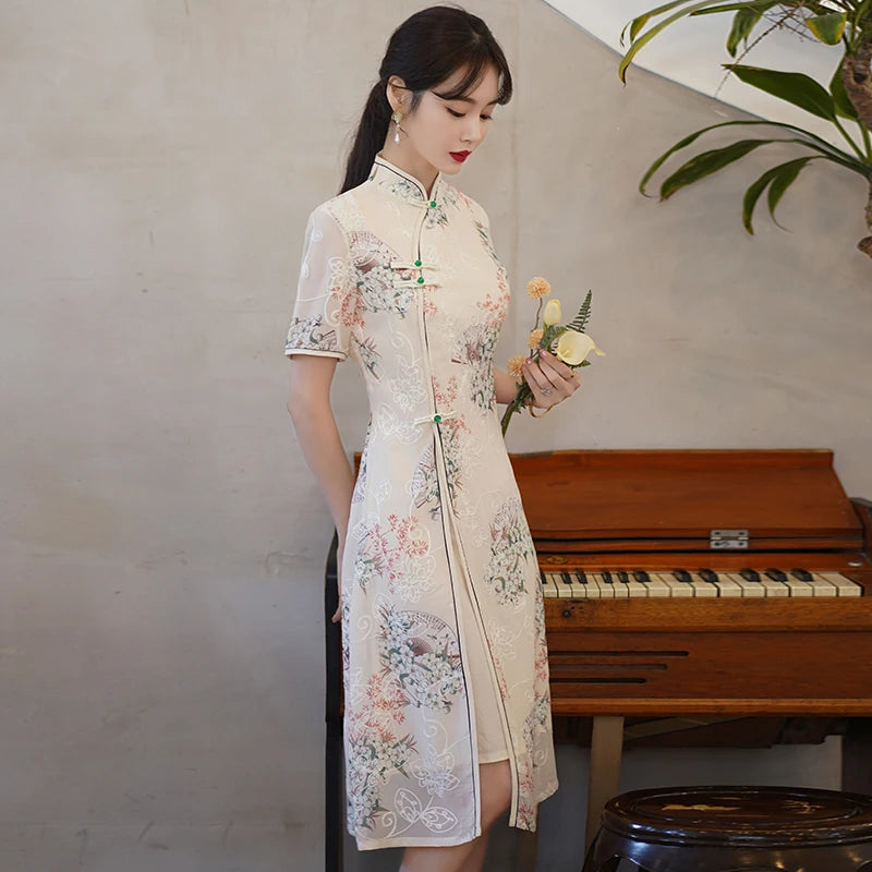 Retro Traditional Chinese Short Sleeve Cheongsam Clothing for Women Summer Modern Elegant Qipao Evening Dress - Seprincess