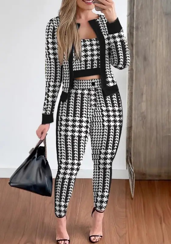 Three Piece Set Women Outfit Spring Fashion Plaid Print Contrast Paneled Open Front Long Sleeve Coat & Elegant Skinny Pants Set - Seprincess