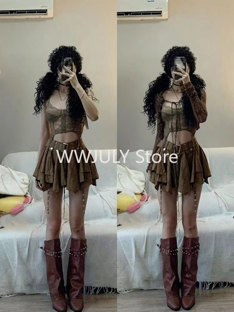 Harajuku Vintage Fashion 3 Piece Set Woman Short Cardigan + Slim Vest + Y2k E-Girl High Waist Skirt Hot Girls Korean Style Suit - Seprincess