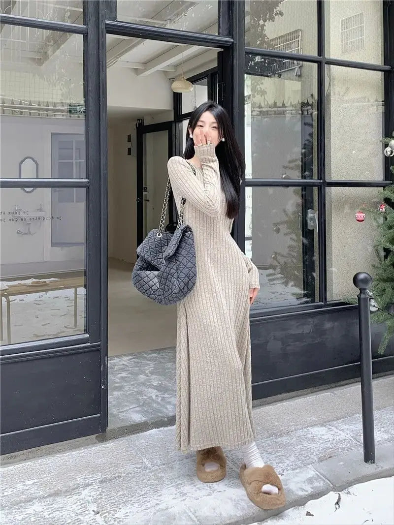 2024 Korean High-end Knitted Dress for Women Autumn/Winter Slim Fit Fashionable Versatile Long-sleeved Woolen Dress for Women