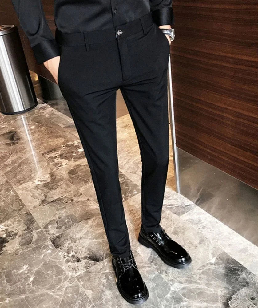 Elastic Business Tressed Male Suit Trousers 9 Cropped Fluid Stretch Social Tailoring Men's Summer Pants Draped Slim Fit Fabric