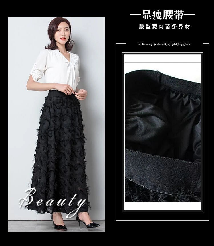 Spring Summer and Autumn New Chiffon High Waisted and Versatile A-line Skirt With Fluffy Tassels Ladies and Girls Black - Seprincess