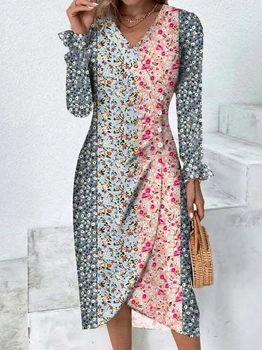 Spring Floral Bodycon Midi Dress For Women V Neck Long Sleeve Ruched Slim Fit Dresses Female Sexy Vestido Robe - Seprincess