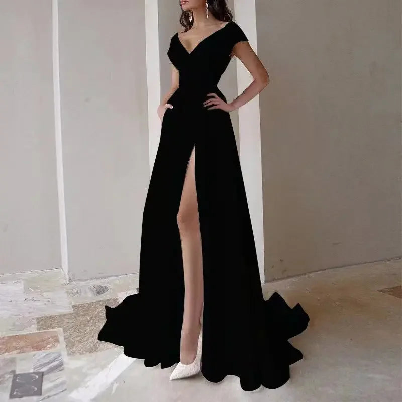 2024 Elegant Long Dress Ruffle Edge Solid Color Crossbody Waist Split Skirt Red Black White Sleeveless Evening Dress - Seprincess