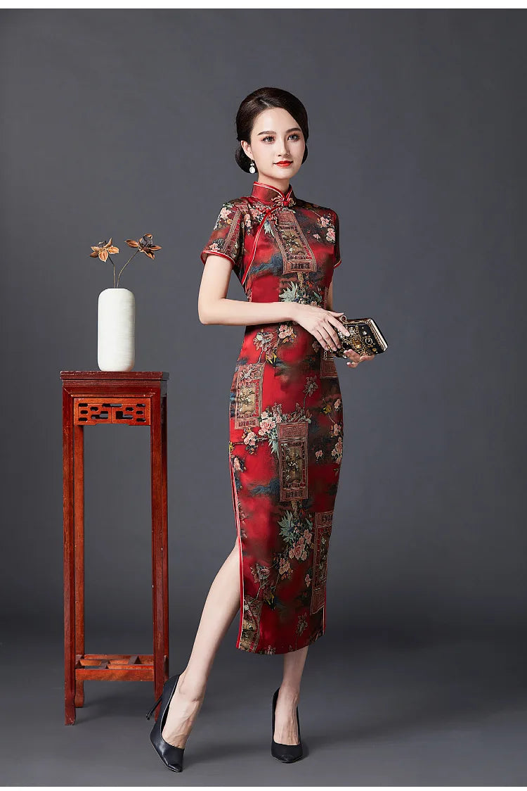 2023 New Vintage Long Cheongsam Women Sexy Slim Split Qipao Classic Chinese Traditional Dress Print Flower Evening Party Dress - Seprincess