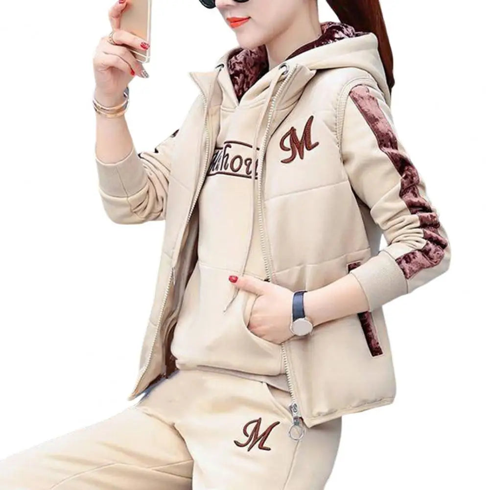 Fashion Warm Three Piece Set Women Outfit 2022 Fall Winter Thicken Tracksuit Casual Waistcoat + Hoodies + Pant Female Sweat Suit - Seprincess