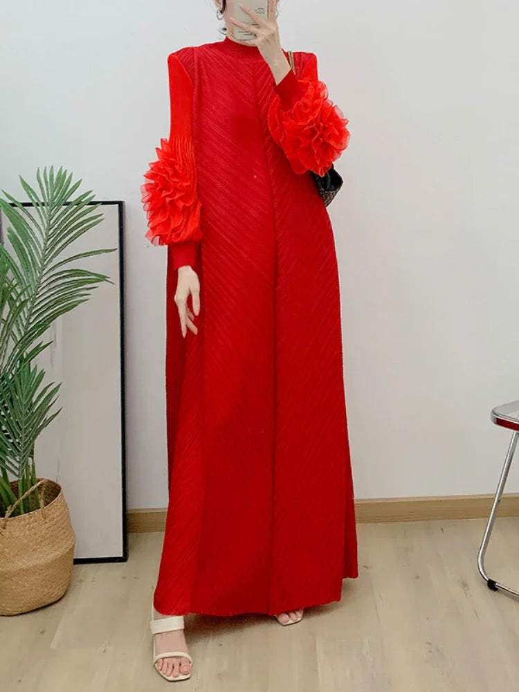 ANLAN Miyake Pleated Maxi Long Dress Mesh Petal Sleeve Half Turtleneck Formal Dresses for Women 2024 New Hot Sales 6KK9927 - Seprincess