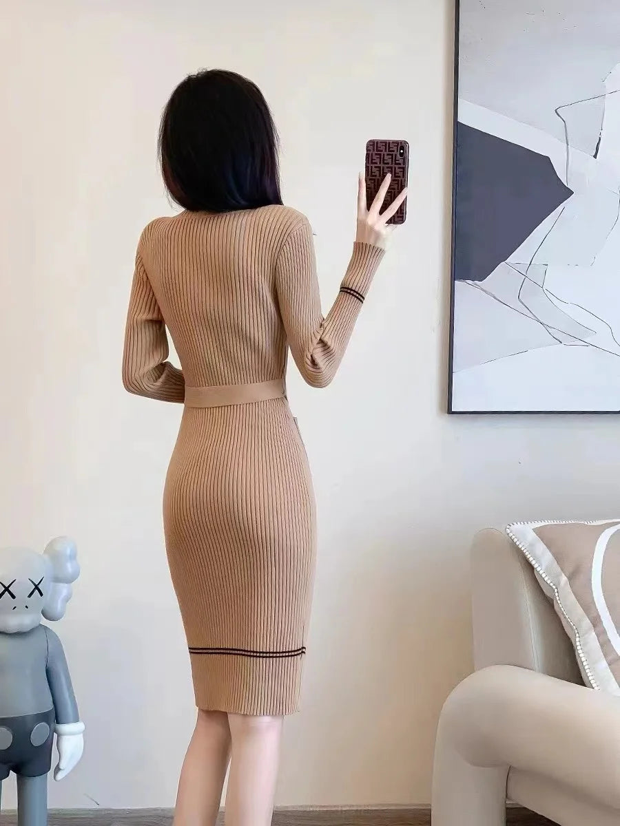 Autumn Winter Women Knitted Dress Brand Fashion O-neck Buttons Bodycon Sweater Dress with Belt Lady Office Dress - Seprincess