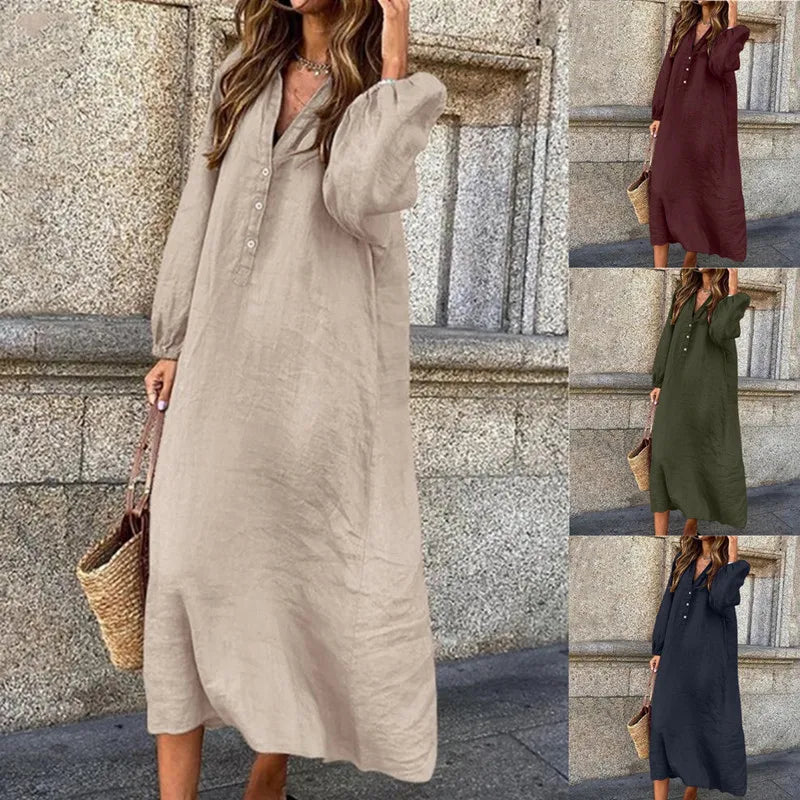 Women's Autumn New Cotton Linen Solid Color Long Sleeved Sexy V-neck Fashionable Button Long Casual Loose Comfortable Dress - Seprincess