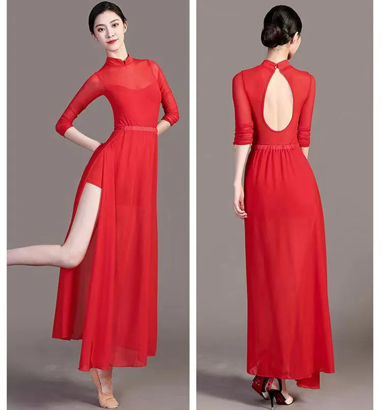 Stage Performance Dress Female Chinese Red Qipao Folk Dance Improved Cheongsam Stand Collar Slim Vestidos Side Split Dresses - Seprincess