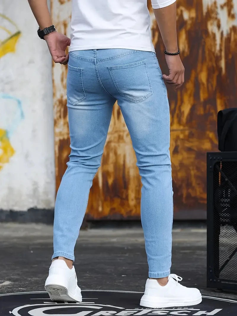 Man Pants Retro Washing Zipper Stretch Jeans Casual Slim Fit Trousers Male Plus Size Pencil Pants Denim Skinny Jeans for Men